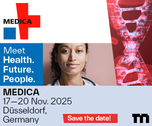 MEDICA event poster with a woman's face and DNA strand, featuring event details.