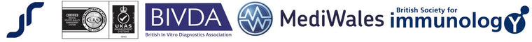 J R Biomedical Limited certifications and accreditations. JRB logo, ISO13485 logo, BIVDA logo, MediWales logo, British Society for immunology logo.