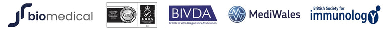 Logos of various companies including J R Biomedical Ltd, ISO13485 Certification, BIVDA, MediWales, and the British Society for Immunology on a white background.